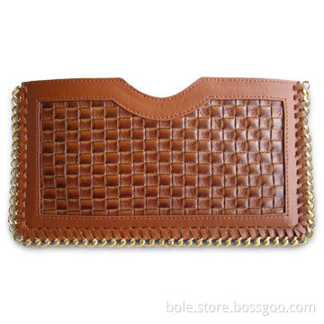 Women's Wallet in Woven PU, Gold Zipper and Puller, Gold Chain Trims All Around the Bag